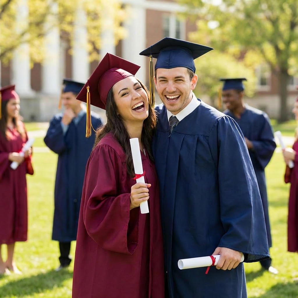 Two happy graduates in gowns and caps holding diplomas on a sunny lawn.